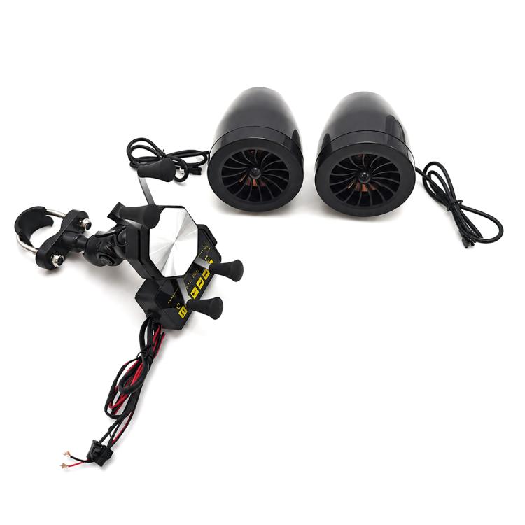 Motorcycle phone mount speaker with two round speakers and handlebar-style clamp