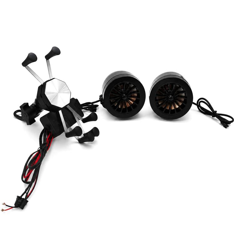 Motorcycle phone mount speaker with dual speakers and handlebar clamp attachment