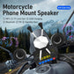 Motorcycle phone mount speaker with dual speakers and handlebar mount, control panel visible