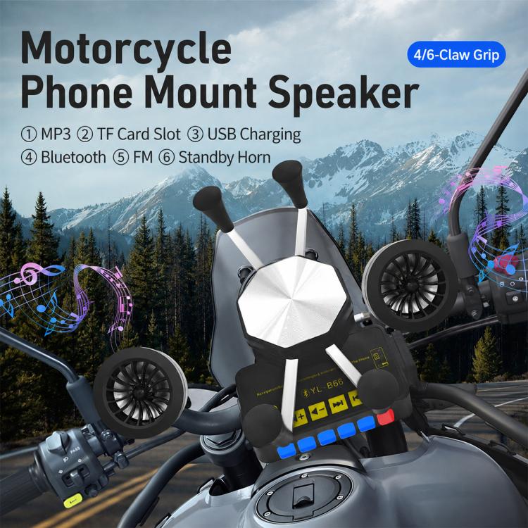 Motorcycle phone mount speaker with dual speakers and handlebar mount, control panel visible