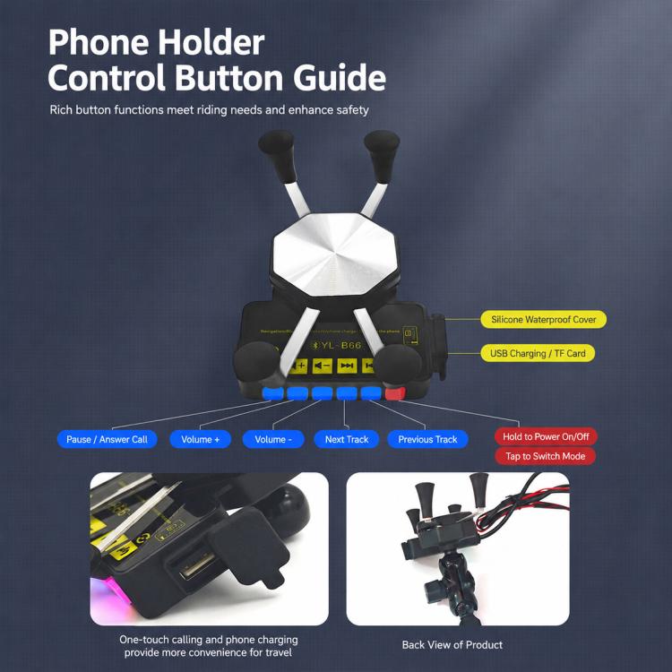 Motorcycle phone holder with speaker unit, button controls, and waterproof cover label