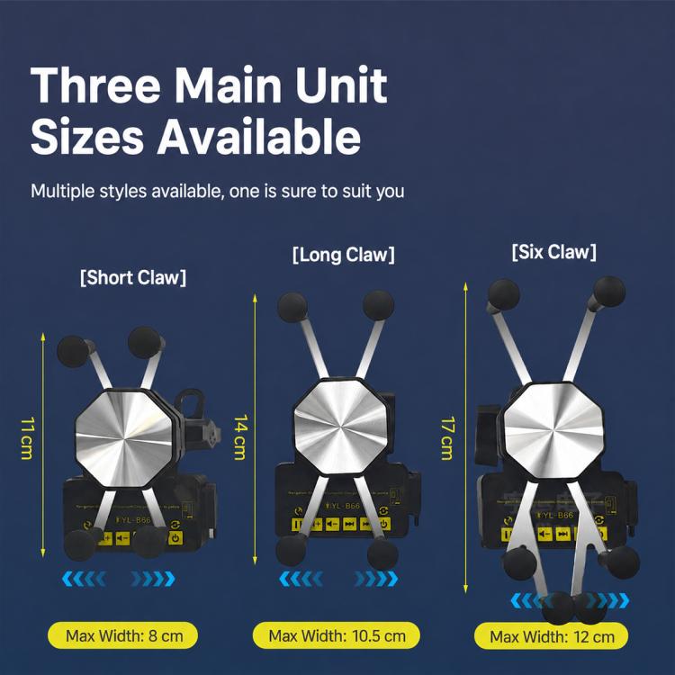 Motorcycle mount speaker sizes shown: short claw, long claw, and six claw grips
