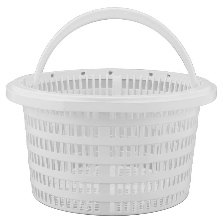 White plastic pool filter basket with side handle and hollow mesh walls