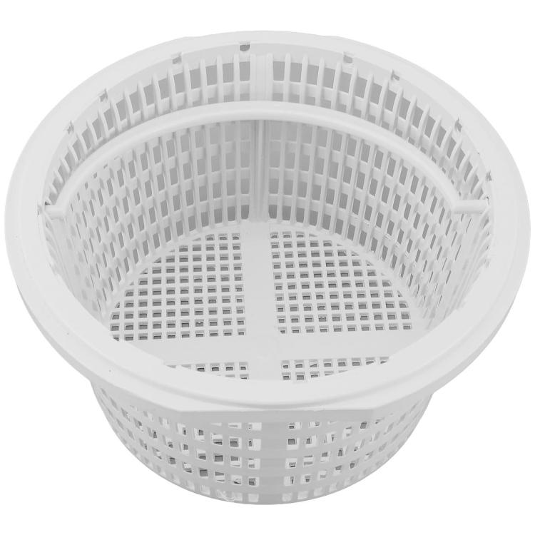 White plastic pool filter basket with hollow mesh bottom and raised rim