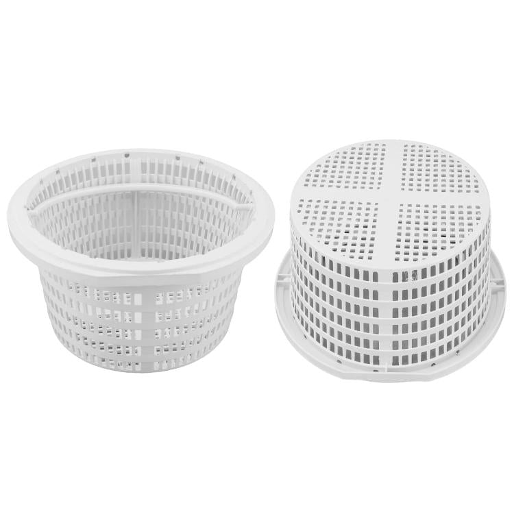 White plastic pool filter basket, shown from front and side views