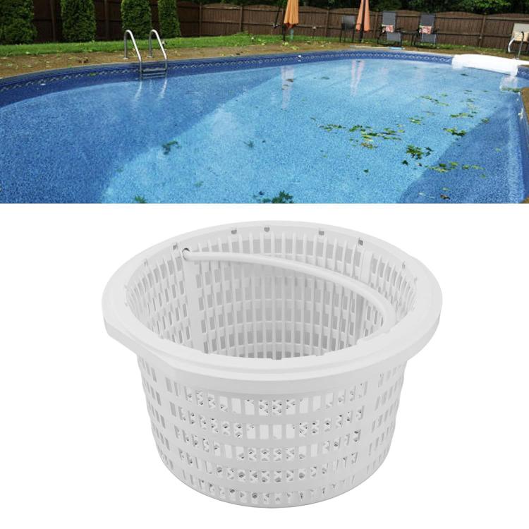 White plastic pool filter basket with hollow mesh walls and open top rim