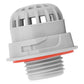 Gray top debris screen filter with vent holes and red ring base, front close-up