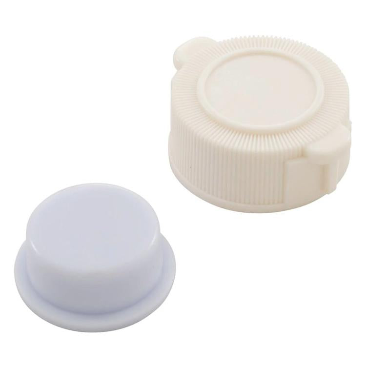 Plastic pool exhaust valve cover and valve plug, cream and light purple, round caps