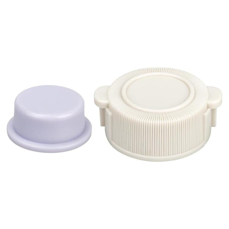 Pool exhaust valve cover with round cream cap and matching light purple valve plug