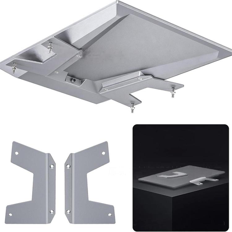 Flat mount bracket, light gray aluminum base with corner holes and mounting points