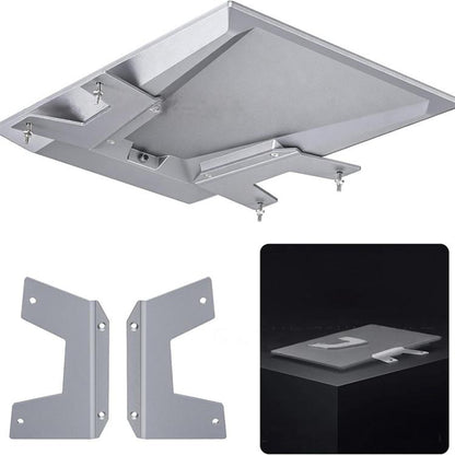 Flat mount bracket, light gray aluminum base with corner holes and mounting points