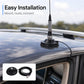 Magnetic antenna base mounted on vehicle roof with coax cable and antenna mast