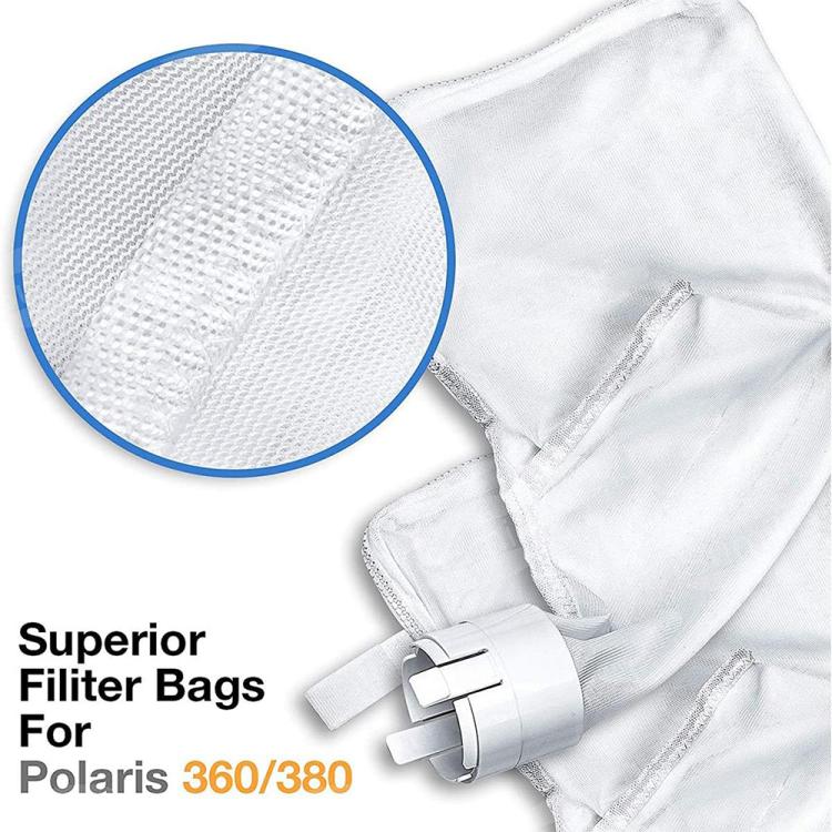 White pool filter bag close-up with textured mesh and plastic connector