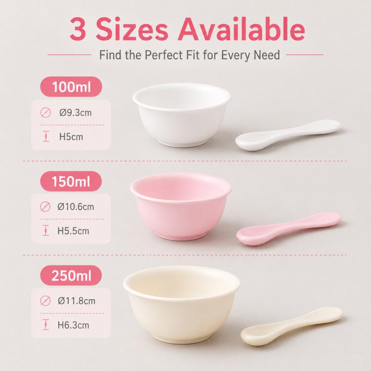 Three-size soft silicone mixing bowls with spoons: 100 ml, 150 ml, 250 ml