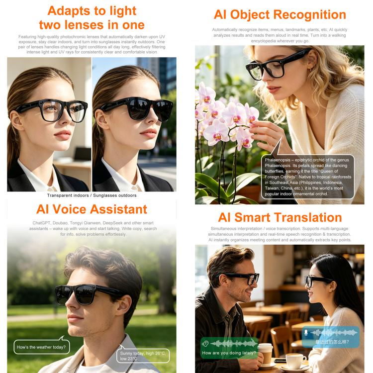 XK ONE Smart AI Glasses with 1MP HD Camera, BT Call, AI Voice Assistant, AI Translation, Transparent Lens, Sunglasses