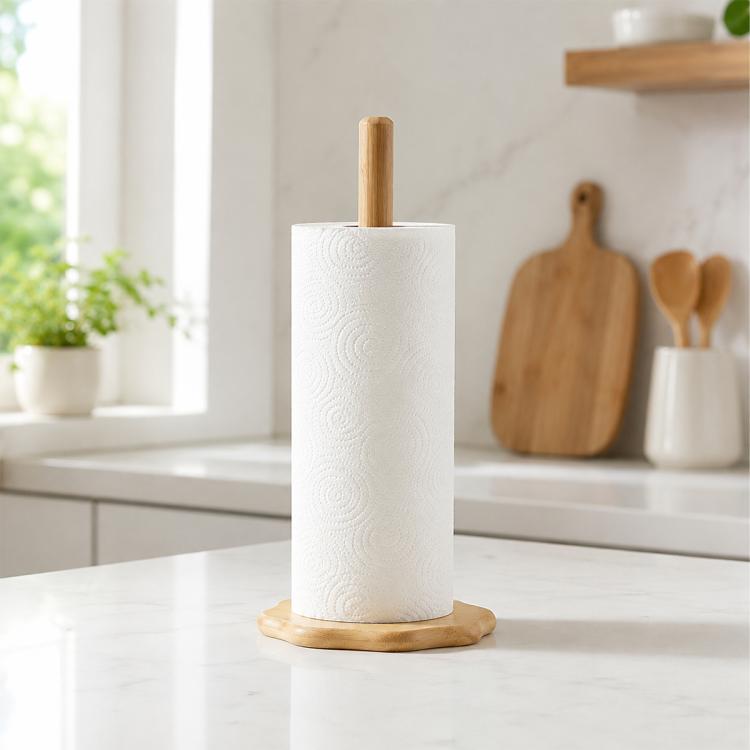 Bamboo single-column tissue roll holder with white roll and round wooden base