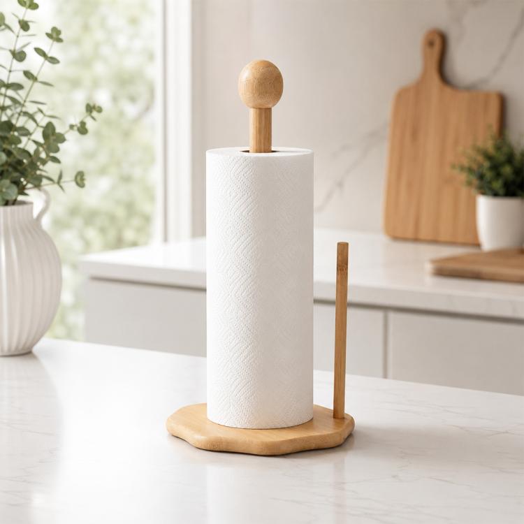 Bamboo single-column tissue roll holder with ball-topped post and white roll