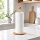 Bamboo countertop tissue roll holder with ball-topped bamboo post and white roll