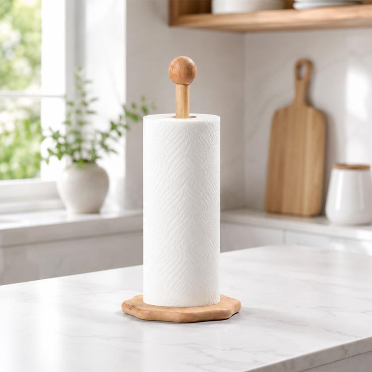 Bamboo countertop tissue roll holder with ball-topped bamboo post and white roll