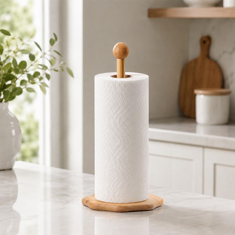 Bamboo tissue roll holder with ball-topped post and round wooden base