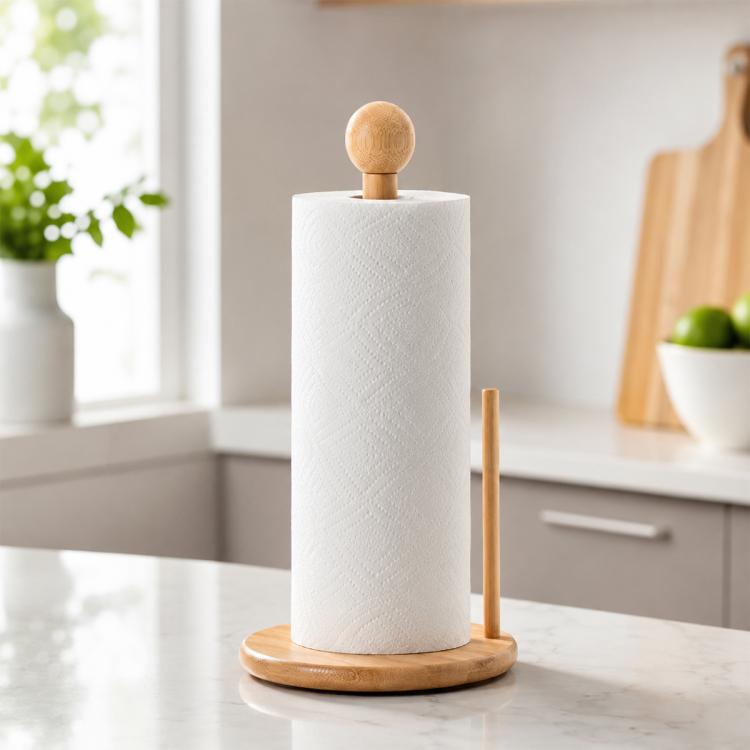 Bamboo dual-column tissue roll holder with ball-topped post, white roll, wooden base