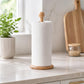 Bamboo countertop paper roll holder with white roll and round wooden base