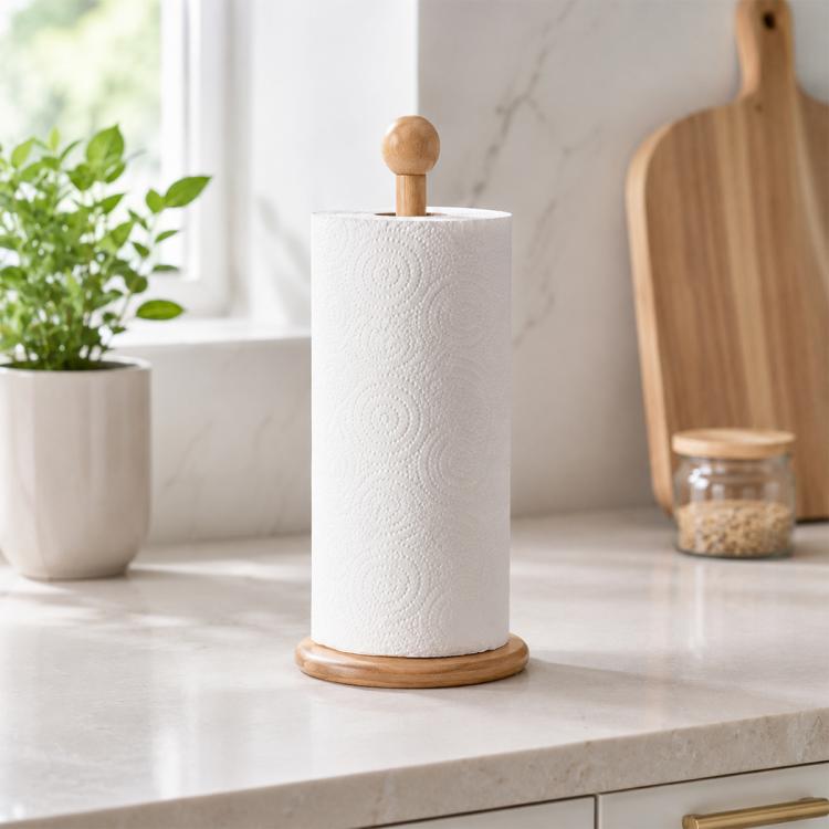 Bamboo countertop paper roll holder with white roll and round wooden base
