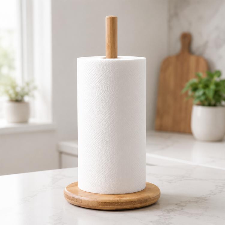 Bamboo paper roll holder on round wooden base with tall center post