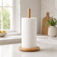 Bamboo paper roll holder with white roll and round wooden base, center stand