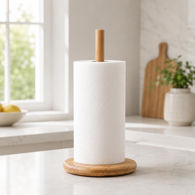 Bamboo paper roll holder with white roll and round wooden base, center stand