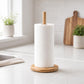 Bamboo paper roll holder with tall post and round wooden base for kitchen counter