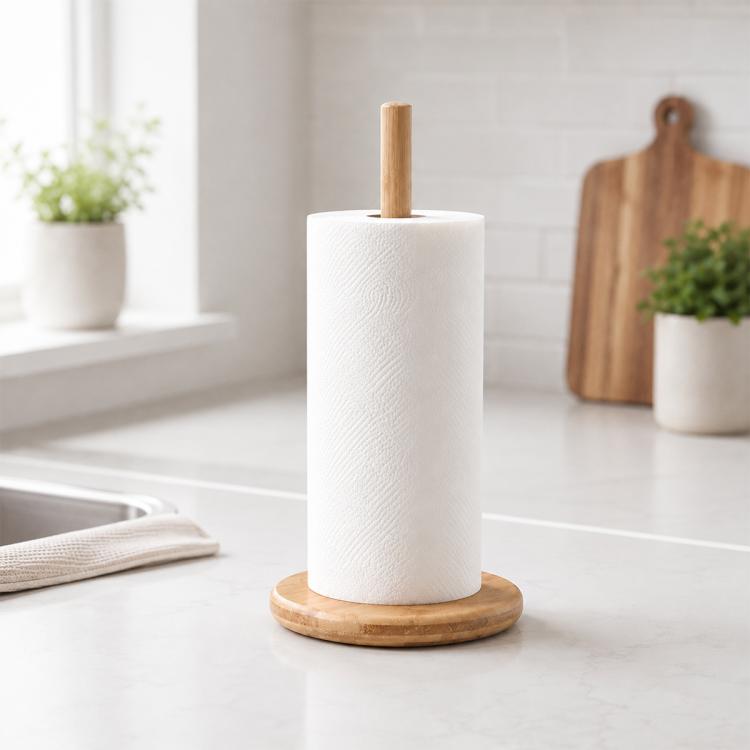 Bamboo paper roll holder with tall post and round wooden base for kitchen counter