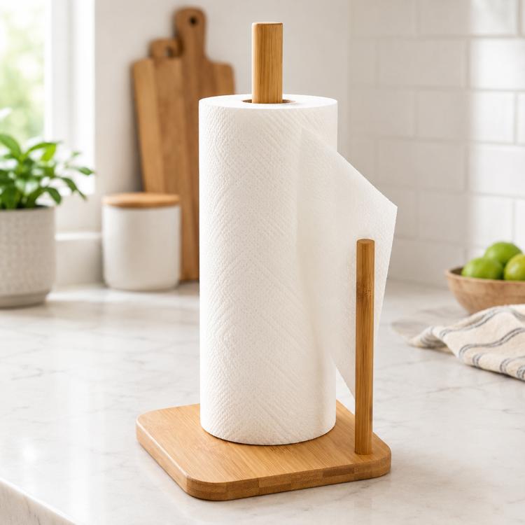 Bamboo countertop paper roll holder with two wooden posts and square base