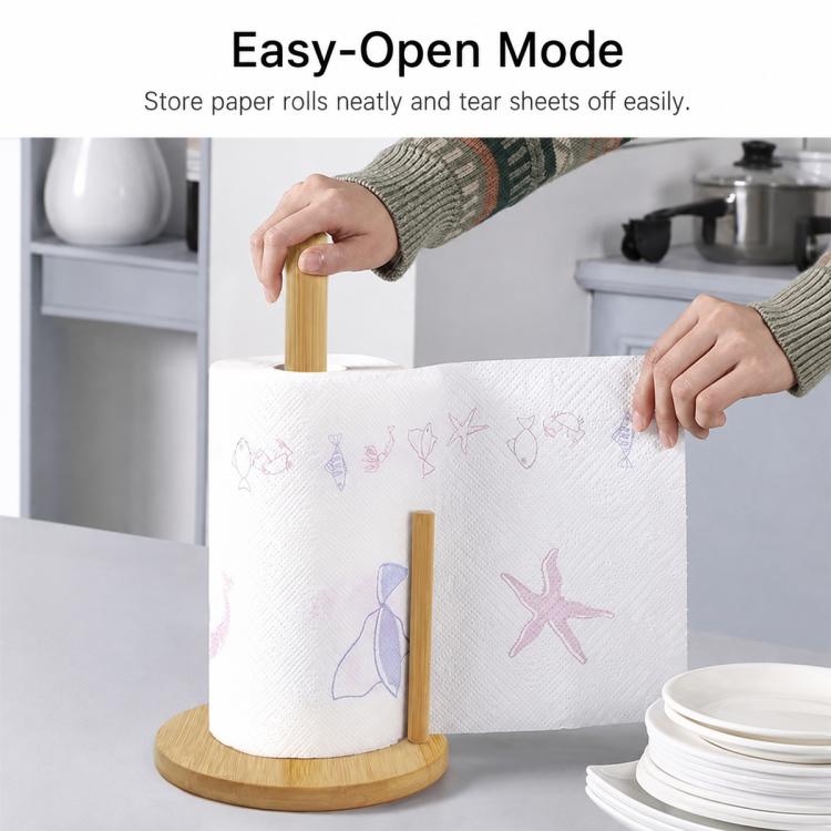 Bamboo paper roll holder in easy-open setup with white rolls and center post