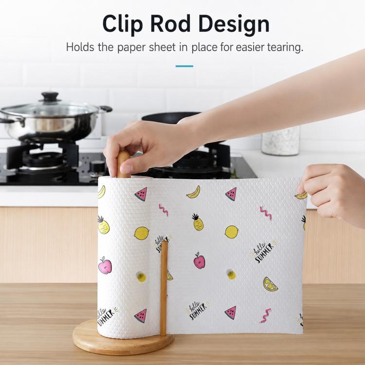 Bamboo paper roll holder with clip rod design, holding paper sheet in place
