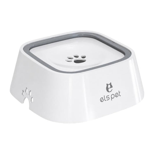 White pet water bowl with gray floating plate, paw icon, and els pet logo.