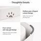 White pet water bowl with hollow paw-shaped cutout on the rim.