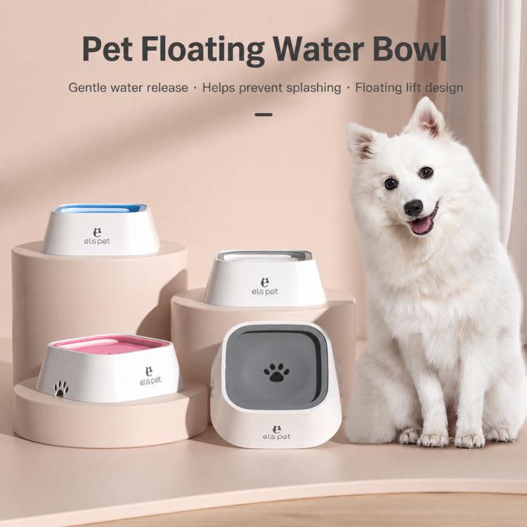 Assorted floating pet water bowls in white with pink and blue trays, paw icons.