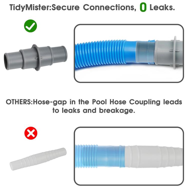 Gray plastic swimming pool vacuum hose connector with blue pool hose for secure fit