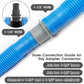 Gray plastic adapter connector on blue pool hose with collar rings for 1-1/4 and 1-1/2