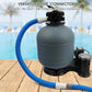 Gray plastic swimming pool vacuum hose connector connected to a blue flexible hose