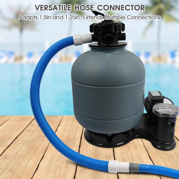 Gray plastic swimming pool vacuum hose connector connected to a blue flexible hose