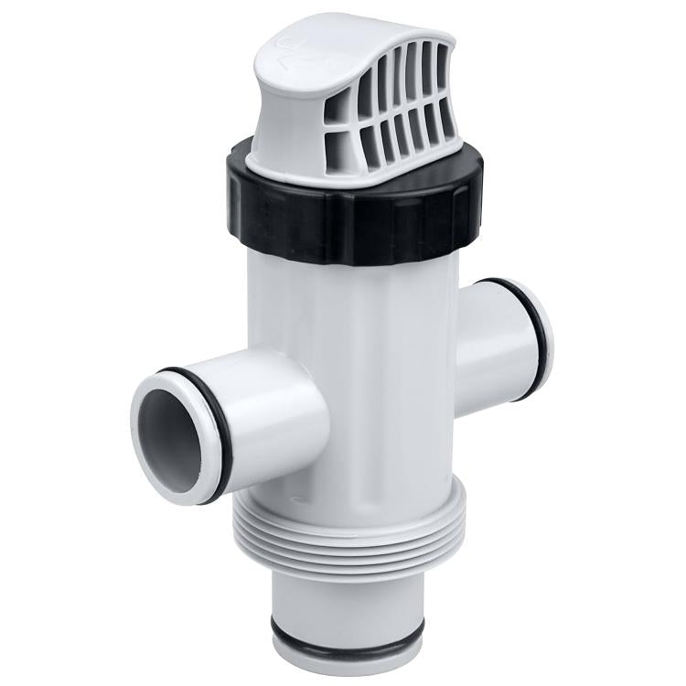 Pool plunger valve with vented top and two barbed hose ports, gray and black