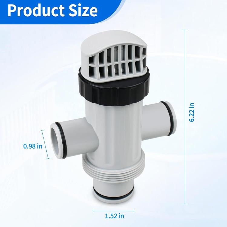Pool plunger valve with vented cap, gray body, two side hose ports; size marked