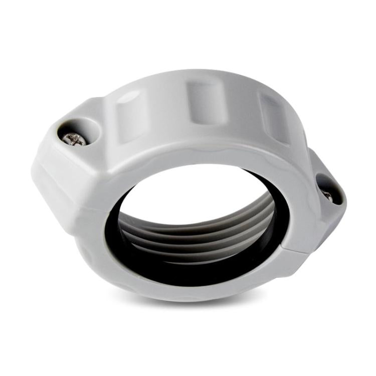 Grey pool connector with threaded center and black sealing ring