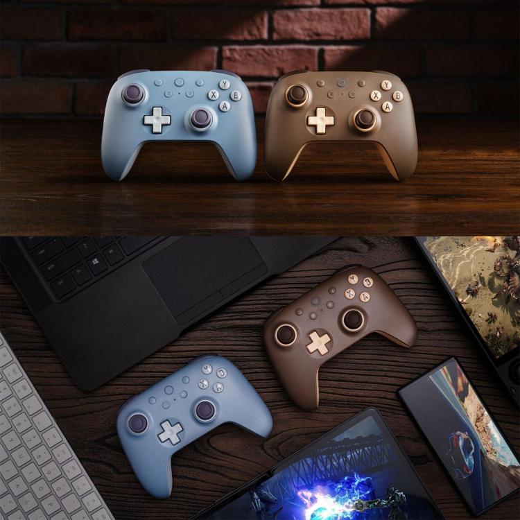 Wireless game controller pair in dark blue and dark brown with button layout and sticks