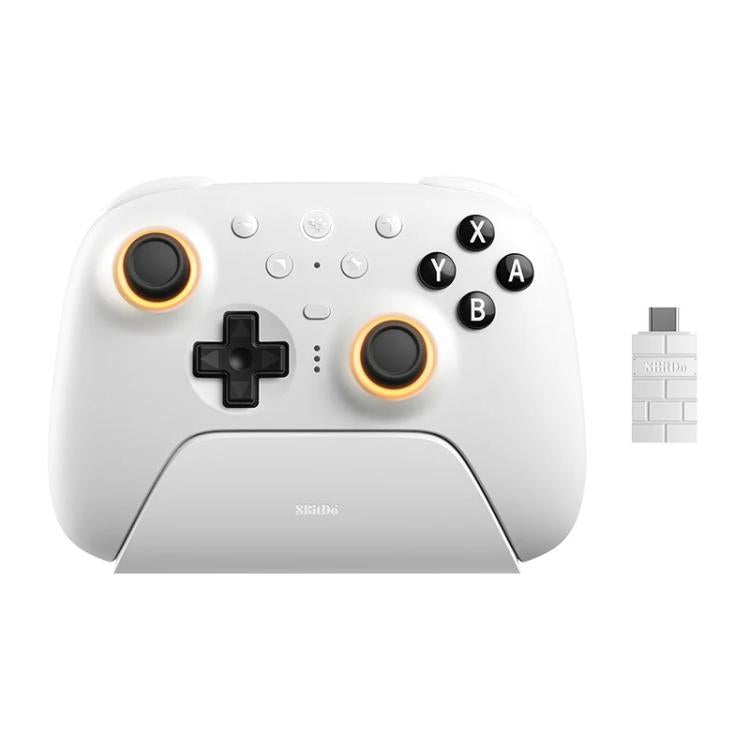 White 8BitDo gaming controller with orange thumbstick rings and button layout