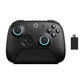 Black 8BitDo gaming controller with cyan thumbstick rings and X Y A B buttons