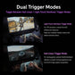 Gaming controller in hand showing dual trigger modes with gameplay screen panels