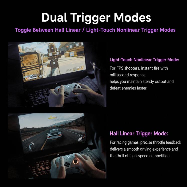 Gaming controller in hand showing dual trigger modes with gameplay screen panels